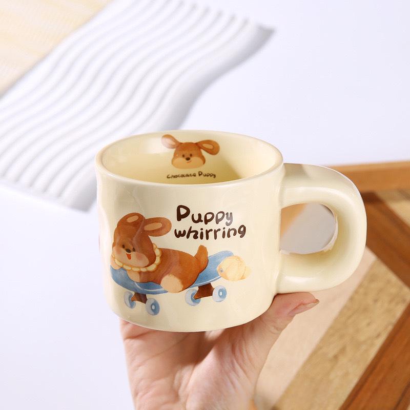 Roztomilý fufu hrnek s víčkem lžička pár šálek vody kreslený štěně keramický šálek suvenýr šálek kávy dívka