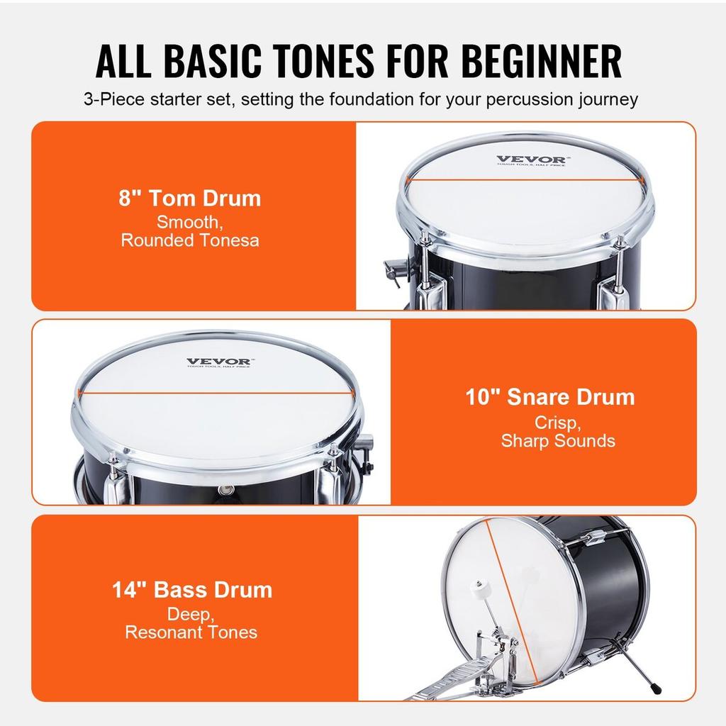 Kids Drum Set 3-Piece 14 in Beginner Drum Set for Child with Throne Black