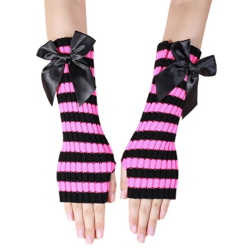 

Women Teens Half Finger Gloves Knitted Wrist Arm Sleeves Winter Soft Knitted Cycling Office Typing Gloves with Bowknot 1