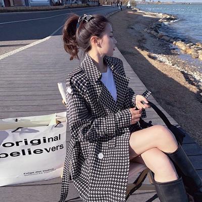Women's Short Retro Houndstooth Trench Coat2024New Spring and Autumn Clothing Loose Waist-Tight Overcoat Fashionable Coat