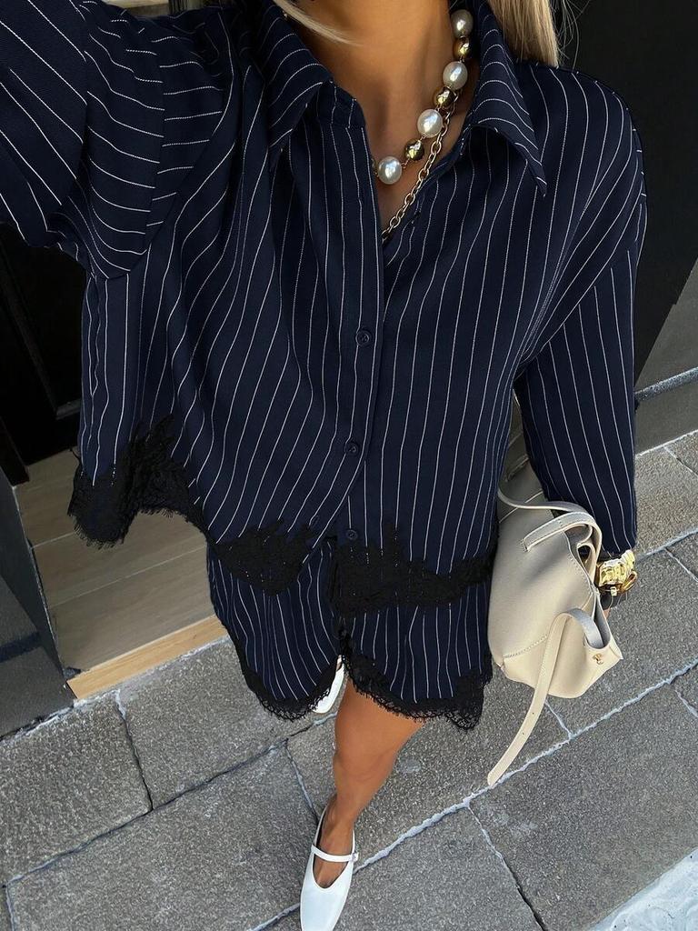 Women Lace Splicing Striped Long Sleeve Shirt And Drawstring Shorts Two Piece Set