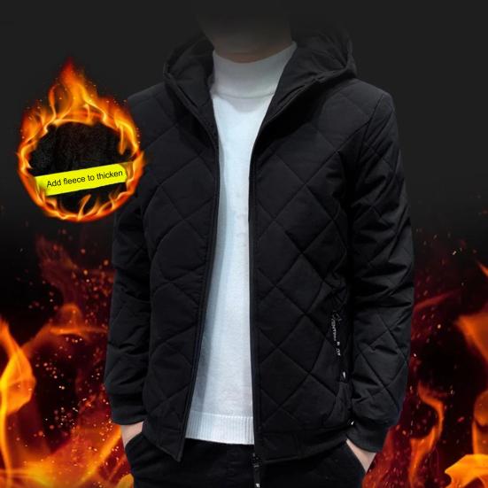 Men Cotton Coat Hooded Long Sleeve Solid Color Zipper Placket Quilted Jacket Elastic Hem