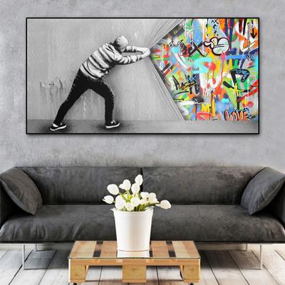 Banksy-Kunst hinter dem Vorhang, Leinwandgemälde, Poster an der Wand, Kunst und Drucke, Graffiti-Street-Art-Wandbilder, Heimdekoration