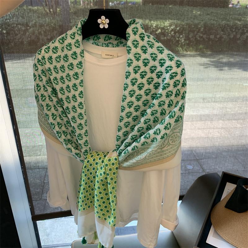 Silk Scarf Women's Summer Korean Version Versatile Thin Gauze Cotton and Linen Scarf Blue Feather Fringed Beach Towel Sun Protection Shawl