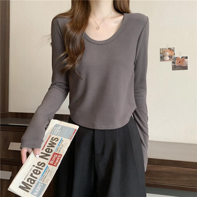 Wind Real Shot U-neck Long-sleeved T-shirt Women's Autumn and Winter German Velvet Velvet Thickened Inner with Short Warm Solid Color Shirt