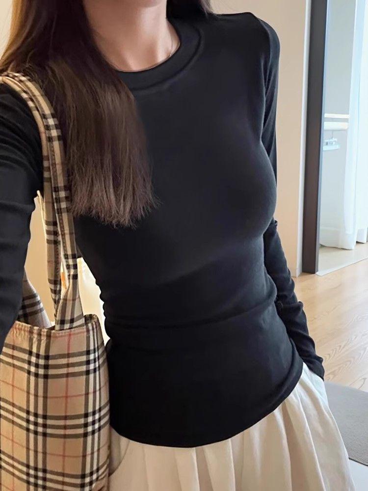 Women's Korean Style Slim Fit Round Neck Long Sleeve T-shirt
