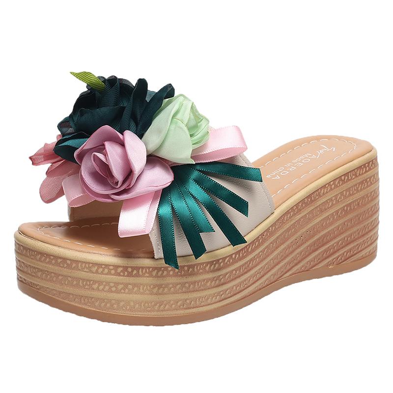

Fashion Aphixta Pink Blue New 9cm Hight Wedge Heels Appliques Flowers Platform Slides Women Summer Outside Shoes 34