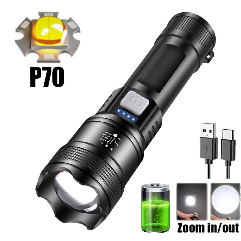 Powerful P70 LED Flashlight Camping USB Charging Zoomable Waterproof Torch Portable Work Light 4 Lighting Modes Built-in Battery