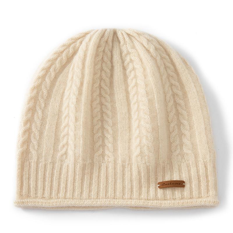 Women's 100% Pure Cashmere Knit Slouchy Beanie Cable Pattern Winter Hat Warm Soft Cozy Casual Cap for Cold Weather