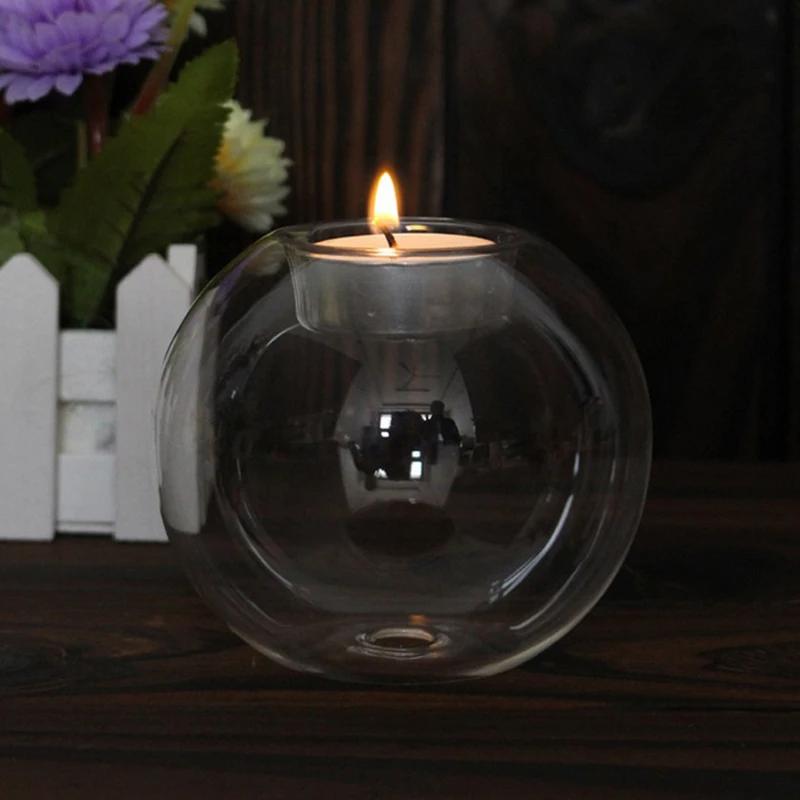 Transparent Glass Candle Holder European Glass Round Candle Holder Home Decoration Glass Crafts Holiday Decoration 1pc