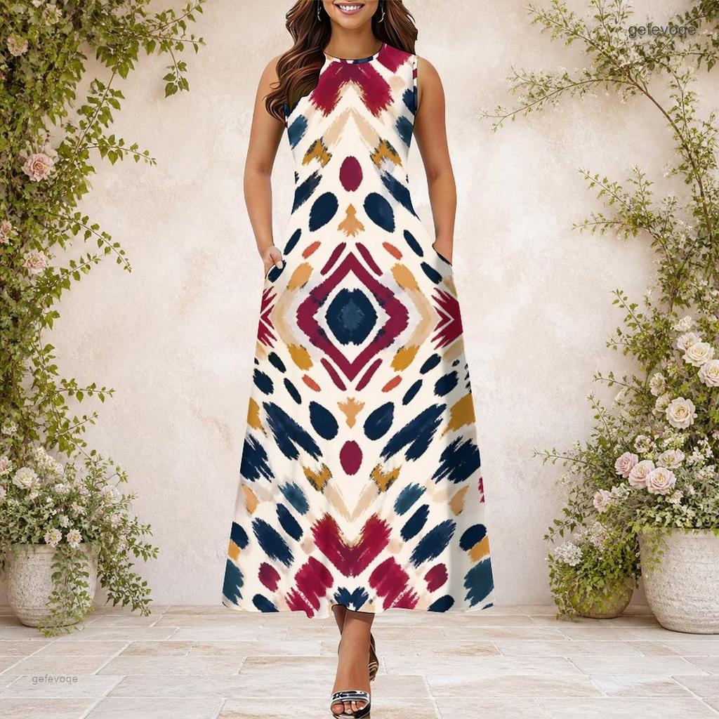 Women Plus Size Round Neck Sleeveless Geometric Printed A Line Maxi Dress With Side Pockets