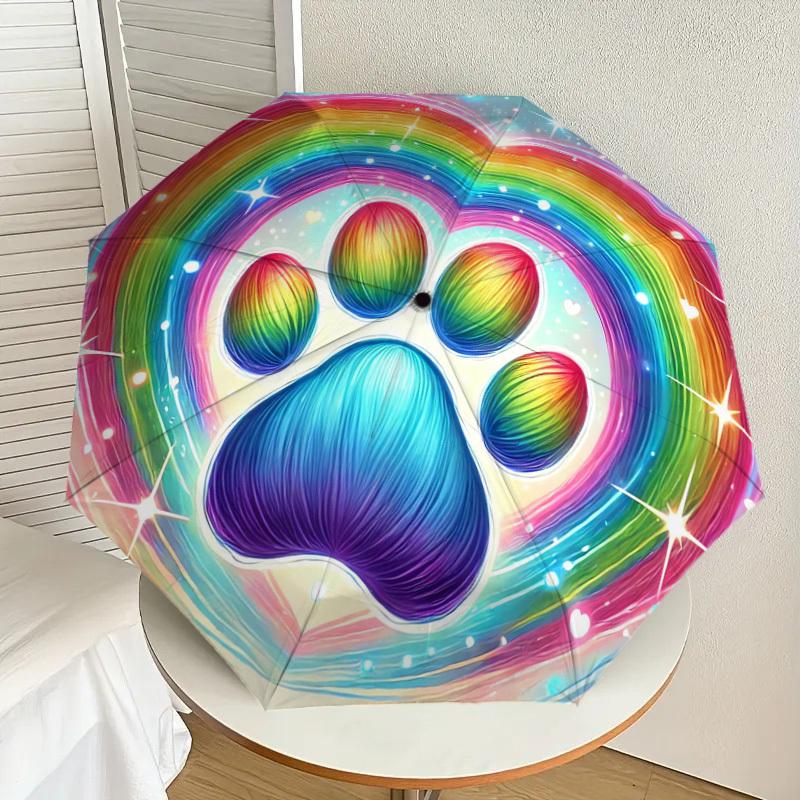 1 st Mönster med regnbågsfärgade tassavtryck Paraplydesign Automatiskt Öppnings- och Stängningsparaply, Högkvalitativt Reseparaply, Lätt och Bärbart, -1002113