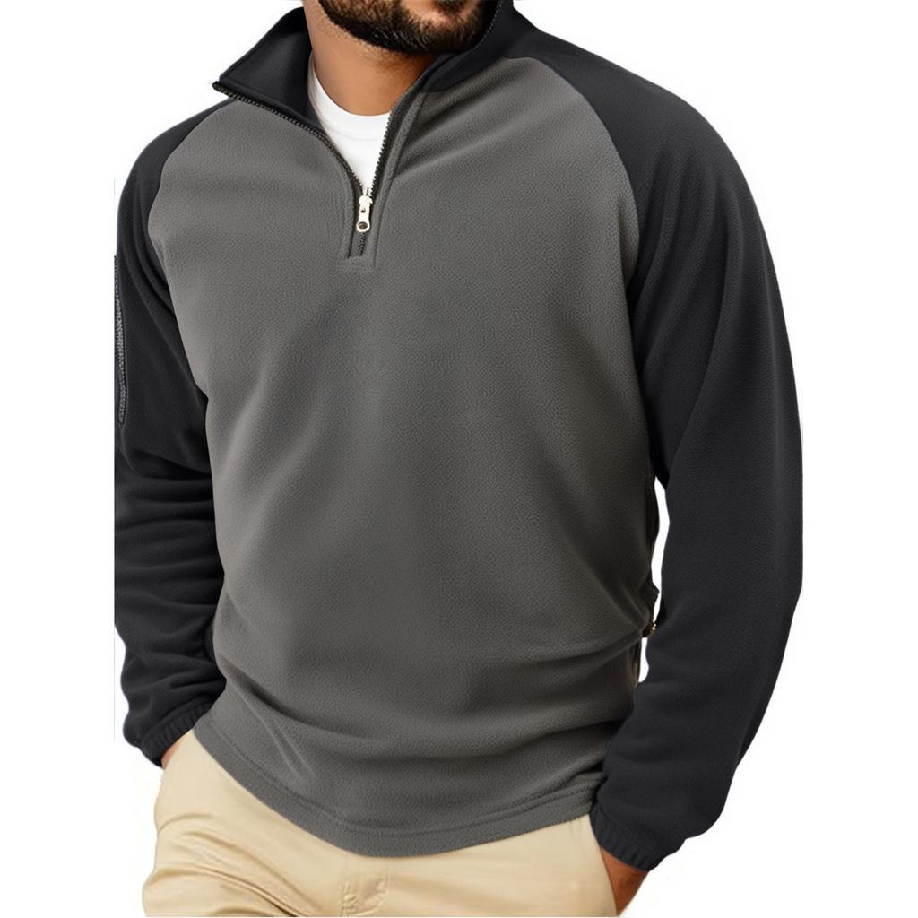 Men's Outdoor Casual Sports Fleece-Lined Warm Stand-Up Collar Pullover Color-Blocked Zipper Hoodie