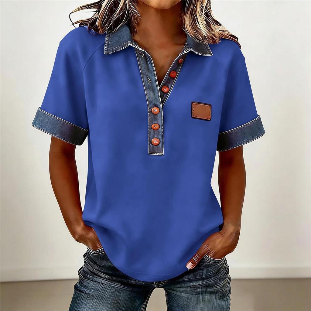 Denim Patchwork Shirts For Women Stand Collar Casual Blouse Short Sleeve Comfy Tshirt Spring Summer Fashion