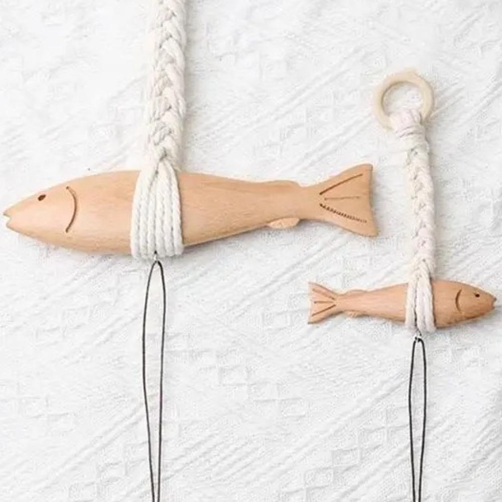 Hand Carved Wood Fish Sculpture With Bell Nautical Pendant Ornament  Garden Patio