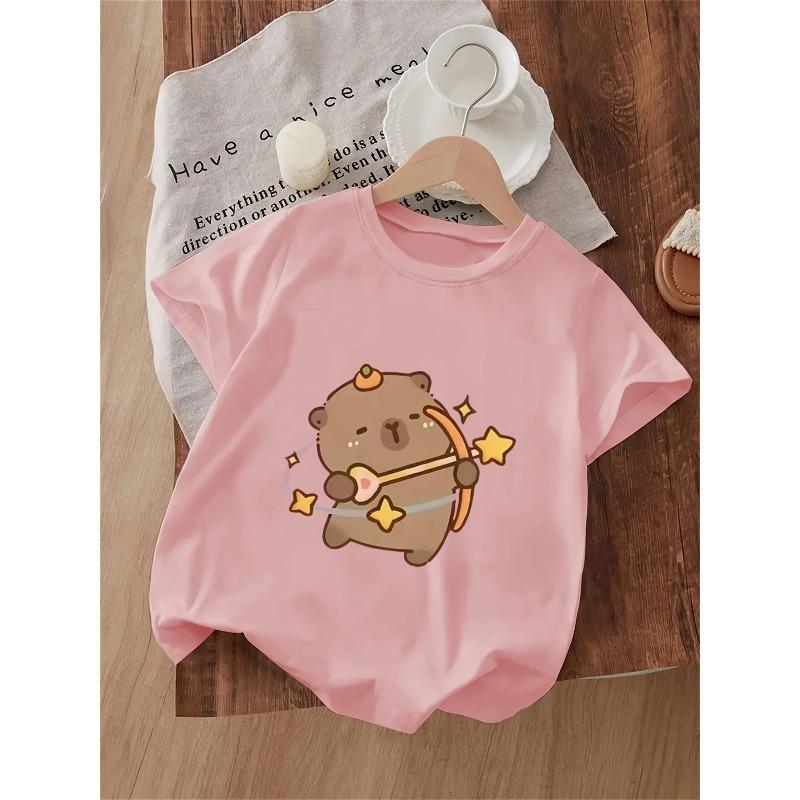 Kids Pufferfish & Star Print Crewneck Casual Short Sleeve Tee , Summer Gift