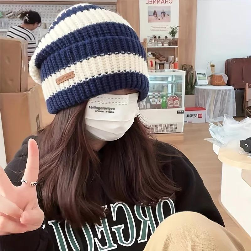 Koreanische Mode Gestreifte Strickmütze Trend Leichte Mütze für Damen Herren Warm Winddicht Herbst Winter Geeignet für Outdoor Radfahren