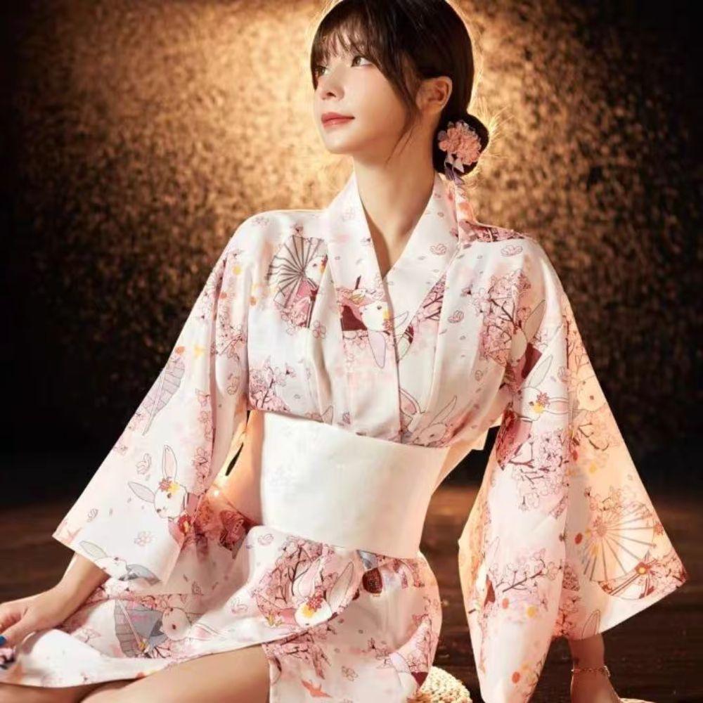 Printed Floral Sakura Girl Kimono Dress Elegance Japanese Style Yukata Bathrobe Party