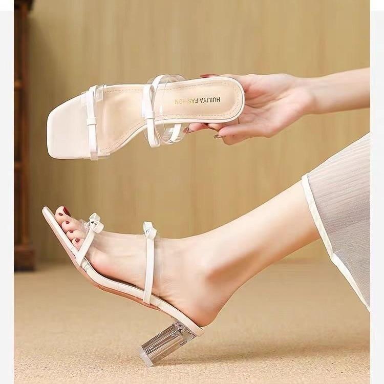 Bow Transparent Crystal New Fashion 2025 Spring Sweet Pink Cool Slippers Open-toed High-heeled Half Slippers Women