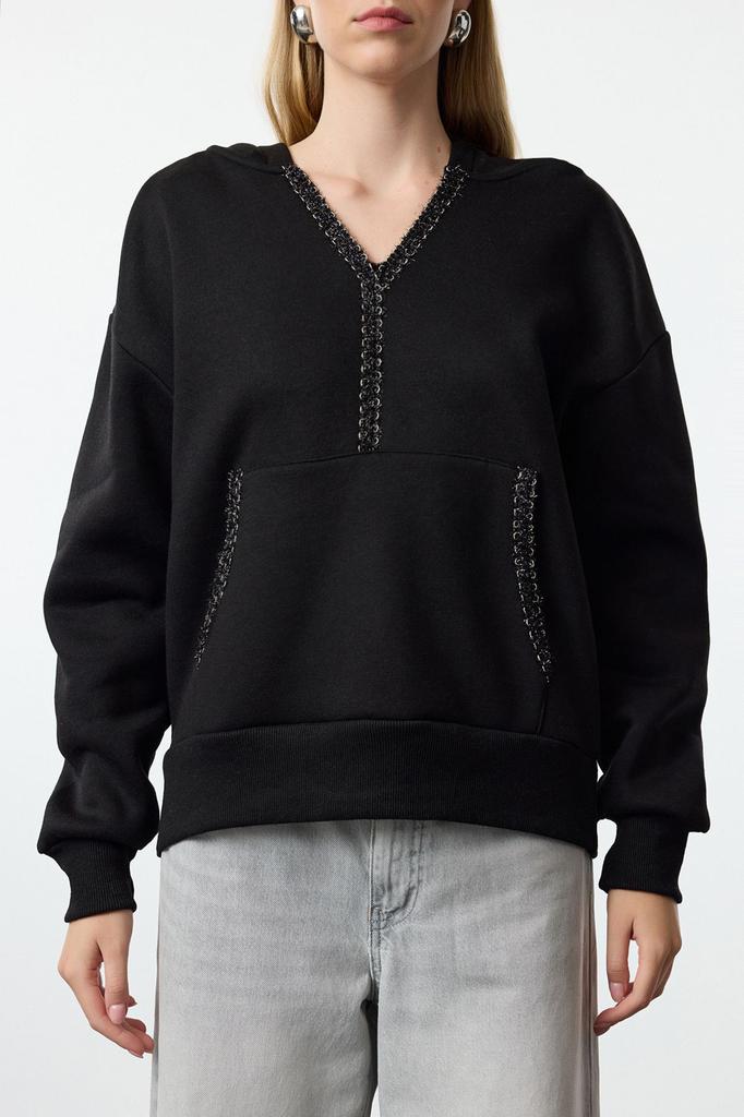 Women's Fashion Stylish Sweatshirt Black Black Accessory Detailed Hooded Relaxed Comfortable Fit Knitted Sweatshirt