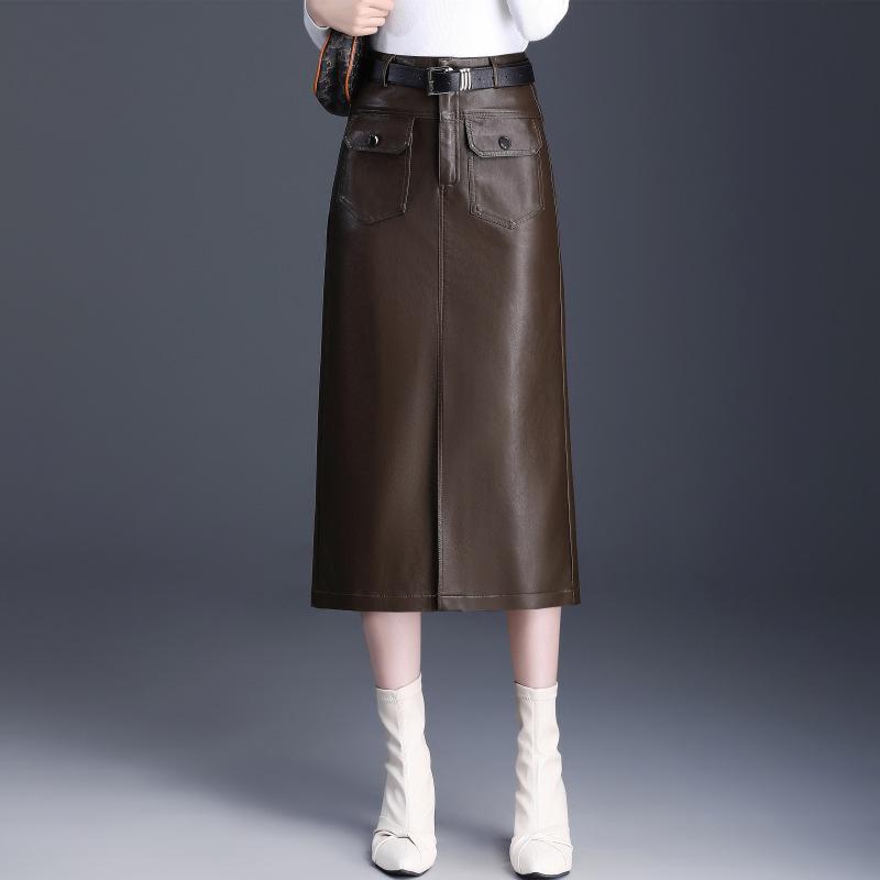 

High-Waisted Women s Fashionable Sheepskin Skirt with Slit - Mid-Length, Age-Reducing, Trendy Commuting Style. Medium кофейный