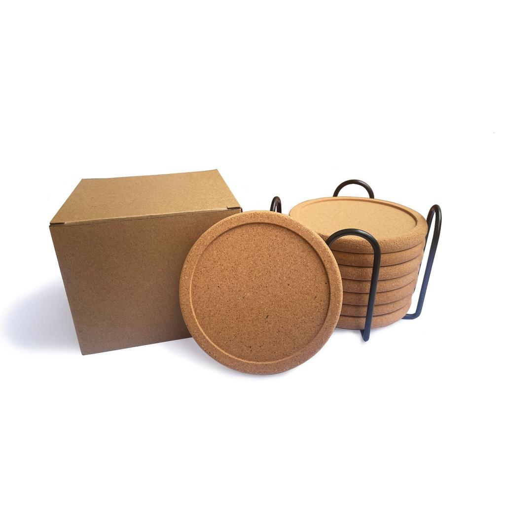 8 Pcs/Box Concave Cork Coaster With Metal Rack Desktop Coffee Heat Insulation Coaster Non-Slip Eco-Friendly Round Cork Coaster