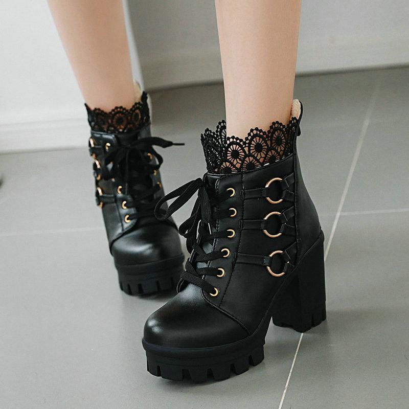 Krótkie buty wiosenne, jesienne i zimowe damskie buty super wysoki obcas gruby obcas sznurowane buty typu Martens brytyjski styl krótkie buty białe duży rozmiar