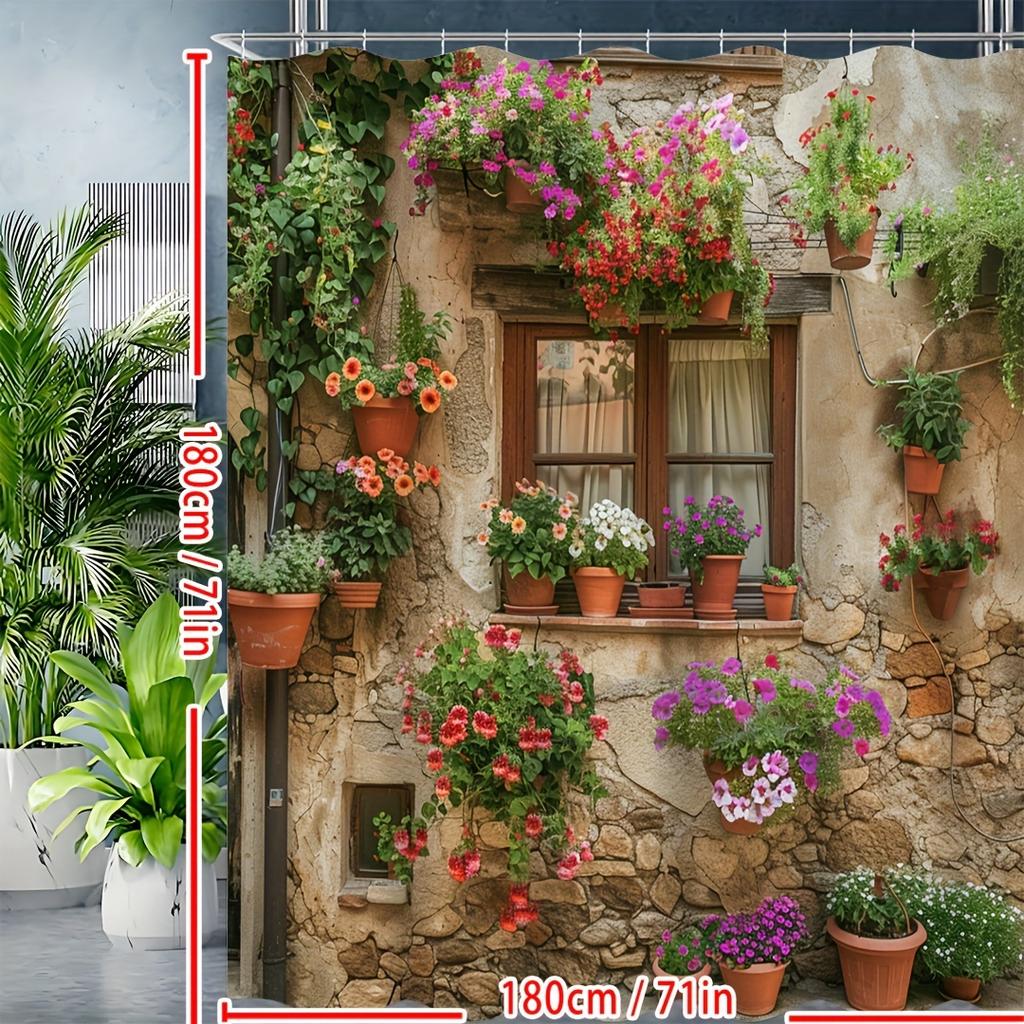 Shower Curtain: Rustic Stone Wall with Vibrant Hanging Flowers for a Charming and Colorful Bathroom Decor