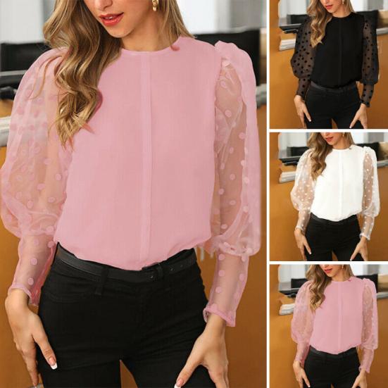 Kvinner Casual Ensfarge Rundhals Dot Mesh Lang Puffermet skjorte Bluse Topp