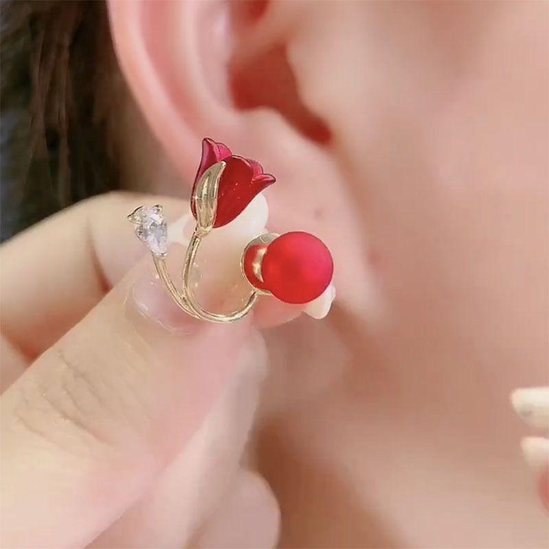 Tulip Flower Stud Earrings Sweet Fashion Women Elegant Zircon Pearl Earring Exquisite Wedding Party Gifts
