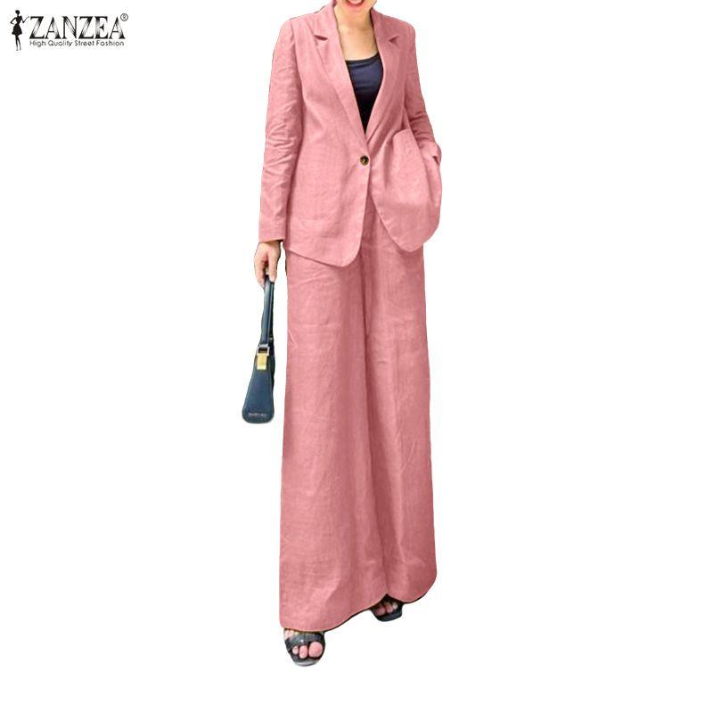 ZANZEA Women Long Sleeve Thin Blazer and Pants Casual Two Piece Suit Sets