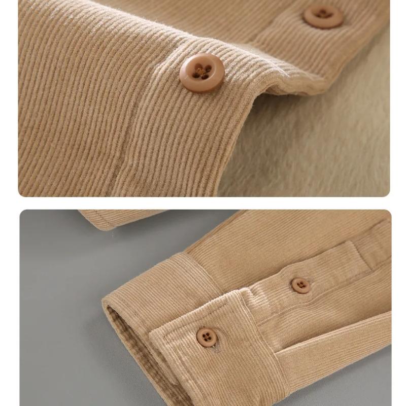 Autumn and Winter Warm Shirt Men Daily Casual Long Sleeve Shirts Lapel Collar Corduroy Fleece Shirt Retro Simple Style Thicken Men Tops