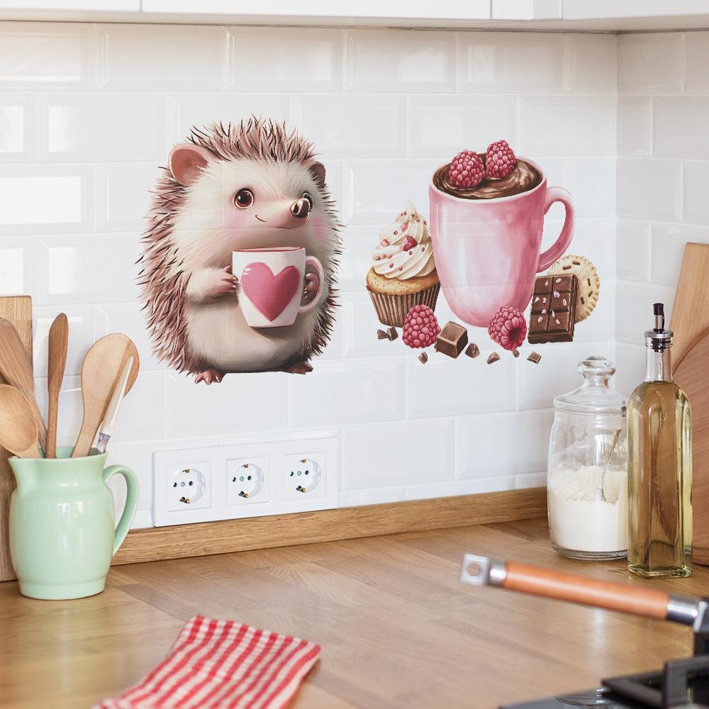 Cute Hedgehog Dessert Coffee Cup Kitchen Dining Room Home Background Beautification Wall Stickers