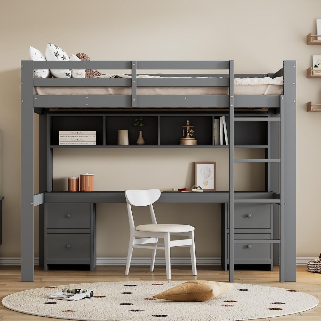 90*200Cm Loft Bed, Children's Beds, Bed On Top, Table Below, Large Storage Space, High Railing, Stable Stairs, Grey