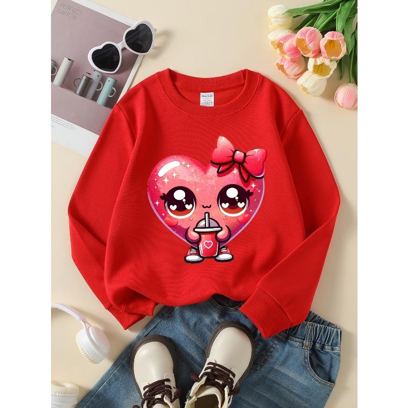 Kids Sweatshirt, Printed Round Neck Pullover, Cute Heart Character with Drink, Autumn And Winter ,Comfortable Warm Fashion Printed Top