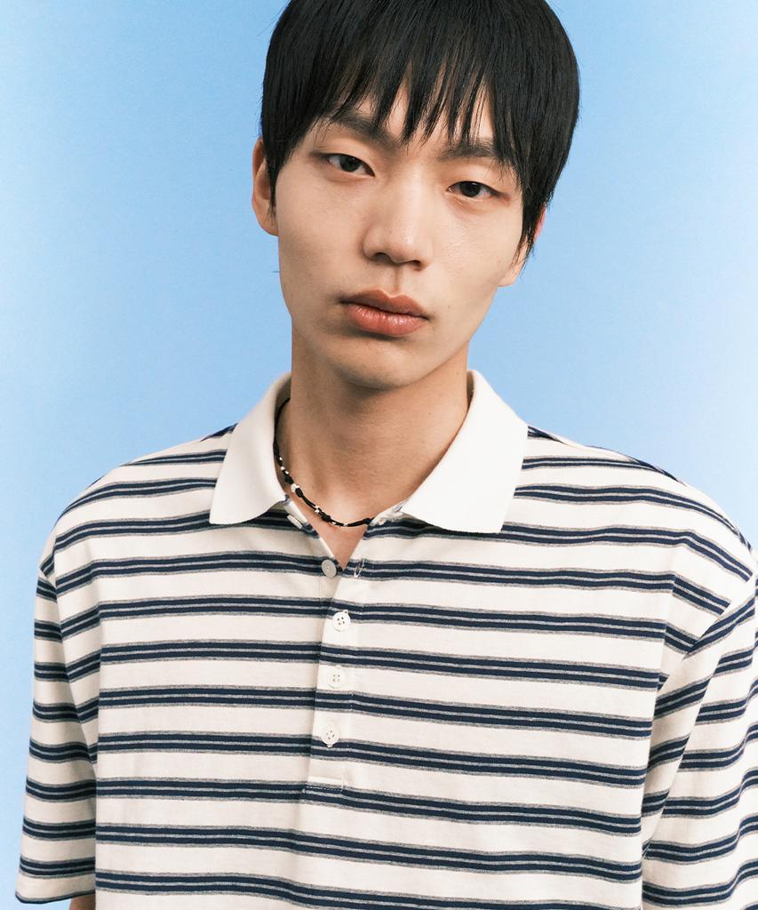 INTEMPOMOOD Glitch Stripe Collar T-Shirt_Ivory