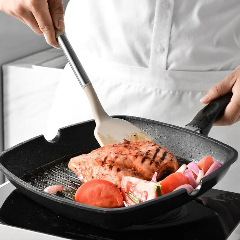 12Pcs Silicone Kitchenware Set Non Stick Stainless Steel Spatula Soup Spoon Kitchen Utensils Rotating Storage Bucket Eggbeater