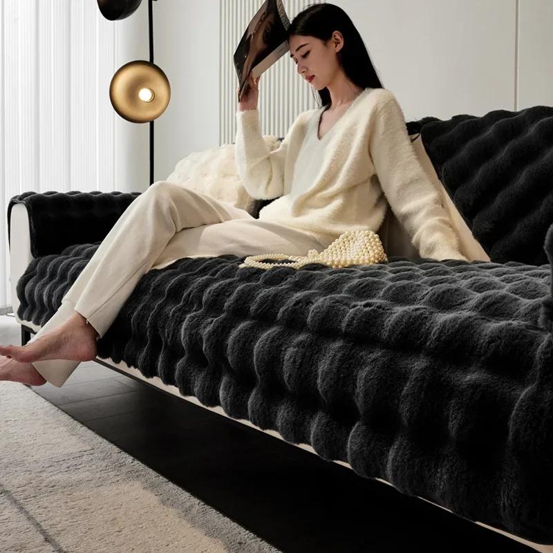 Warm Velvet Non-Slip Cushions Winter Thick Plaid Plush Sofa Cover  Living Room Flannel Couch Covers Universal Armrest Back Towel