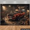 2D klassischer Sportwagen Reparatur Hintergrundstoff Industrielle Garage Thema, mit einer roten klassischen Sportwagen Motorhaube im Bild