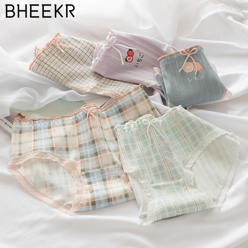 

5 шт./компл., маленькое свежее нижнее белье в клетку с фруктами, клубникой, лимоном, женское нижнее белье для девочек, хлопковые трусы со средней талией, женское нижнее белье M