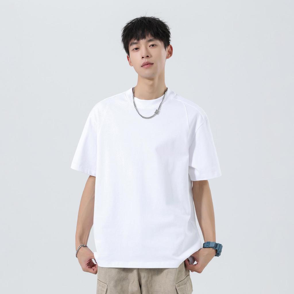 Men's Heavyweight Crew Neck Pure Cotton Patchwork T-shirt - Summer American Style