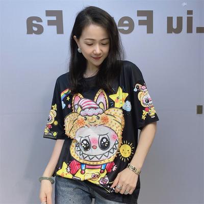 Plus Size Short Sleeve T Shirts Women Summer Clothing Embroidered Flares Cartoon Printed Diamonds Casual Loose O Neck Knitwear
