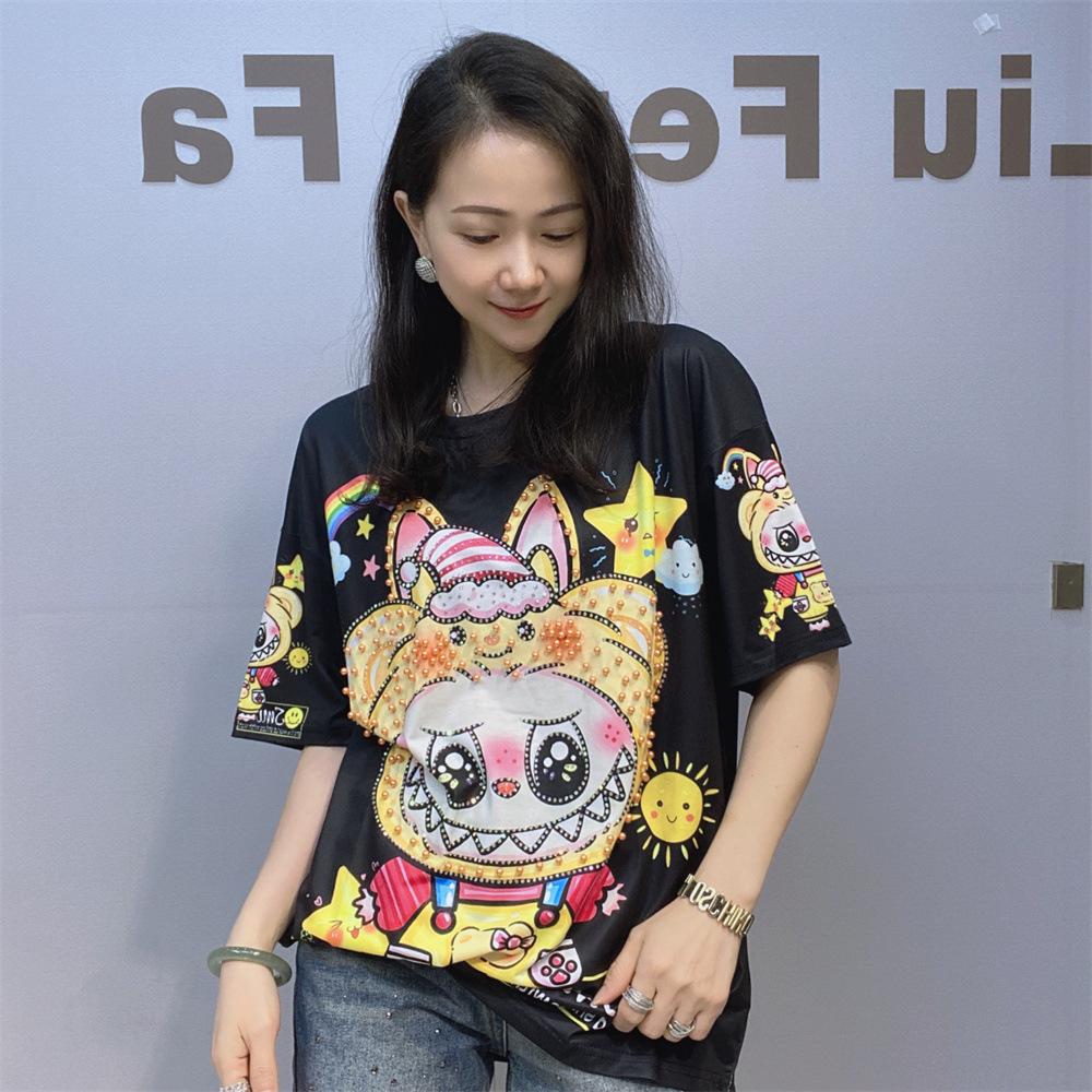 

Plus Size Short Sleeve T Shirts Women Summer Clothing Embroidered Flares Cartoon Printed Diamonds Casual Loose O Neck Knitwear One size