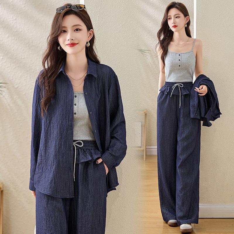 2025 Women's Summer Three-Piece Set: Denim Jacket, Camisole, Wide-Leg Pants (ME5567)