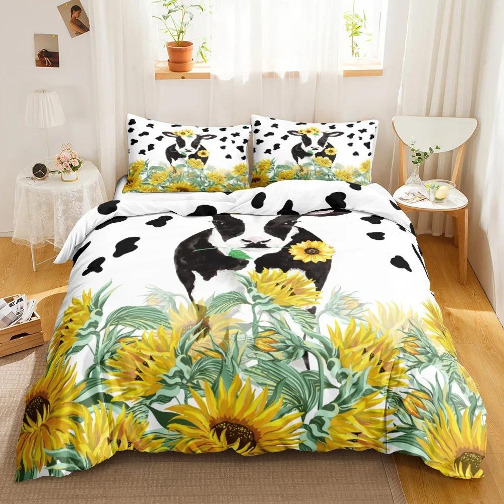 Soft Vibrant Cute Cow Print Kawaii Highland Cartoon Farm Animals Polyester Queen King Comforter