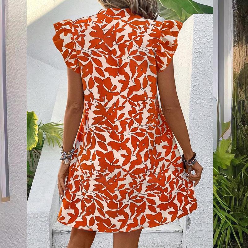 2025 Summer Women Casual Loose V-neck Beach Sundress Flower Print Dress Ruffle Sleeve Bohemia Mini Dress Elegant Button Dresses