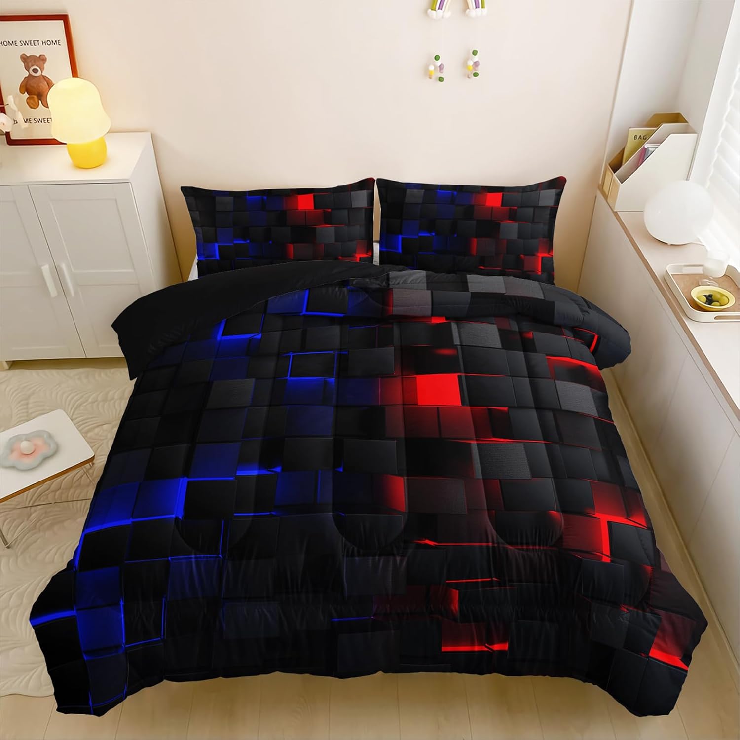 

Neon Red Blue Comforter Set Geometric Kids Bedding Set 1 Comforter 2 Pillow Cases Cool Room Decor All Season B-Side Black EU Twin(135x200cm)