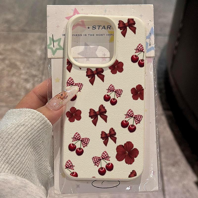 Wine Red Cherry Bow Floral Pattern Lychee Texture Phone Case For iPhone 11 12 13 14 15 16 17 Pro Max Plus 17 Air X XS Soft Cover
