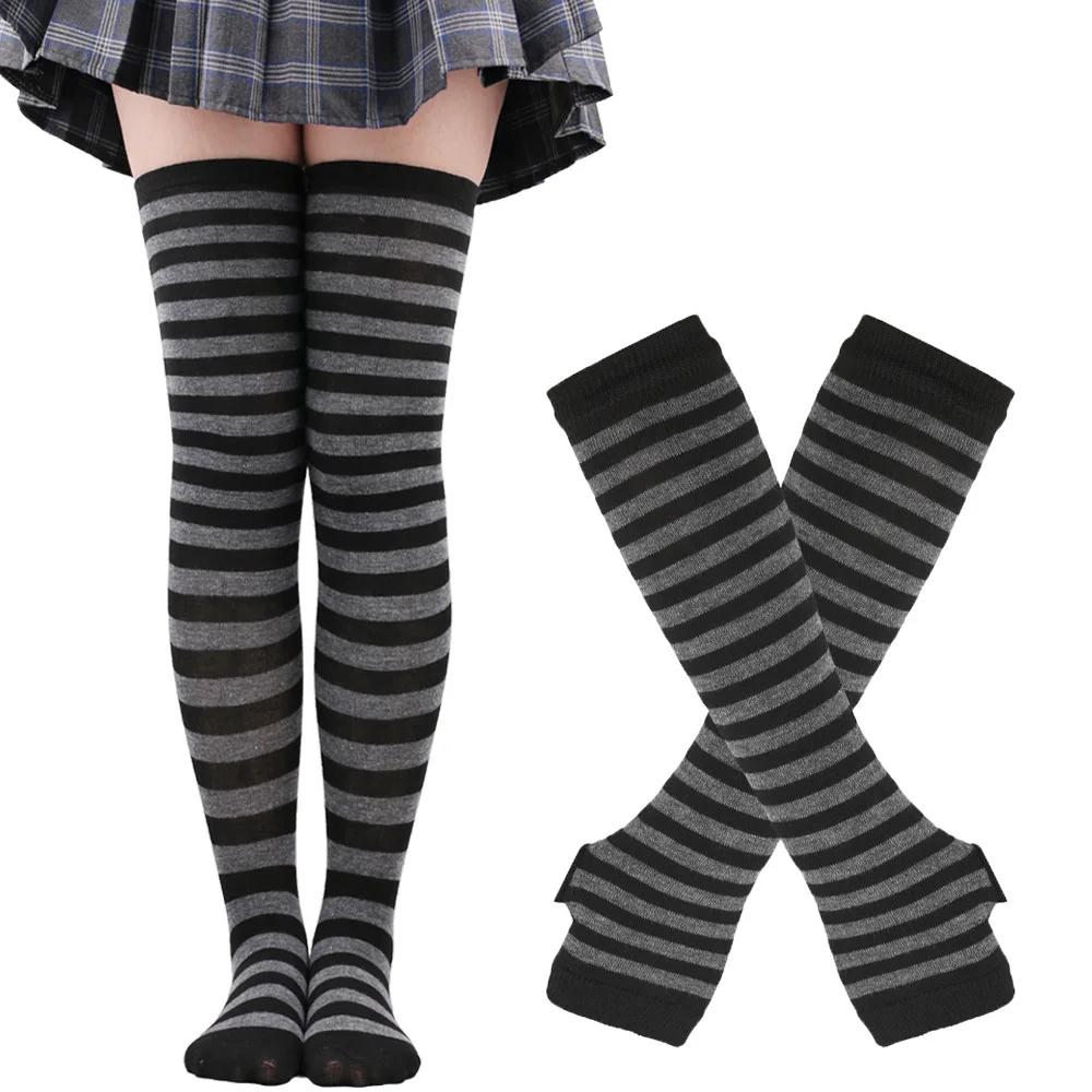 Lange über dem Knie Socken Damen Fäustlinge Armstulpen Handschuhe Set Gestreifte Oberschenkelhohe Strümpfe Damen Mädchen Rosa Schwarz Weiß Lolita