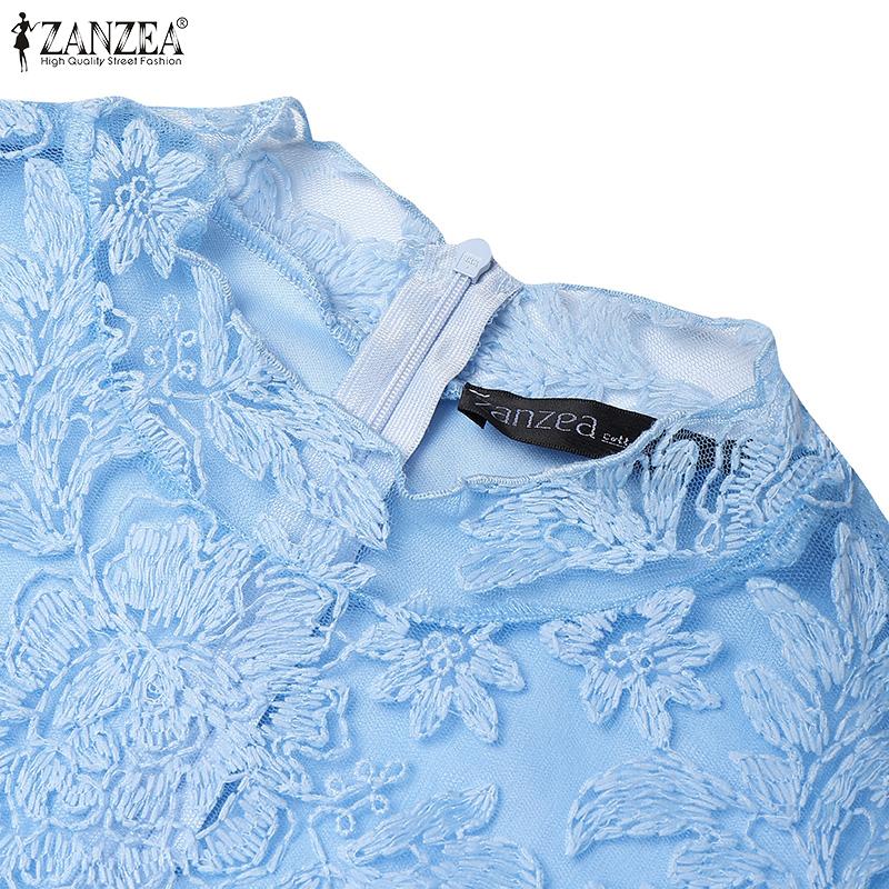 ZANZEA Women Casual Round Neck Ruffles Sleeve Summer Lace Blouse
